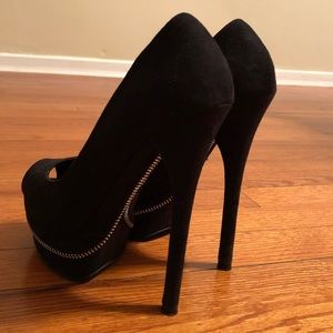 Also Black Faux Suede Peep Toe Stilettos